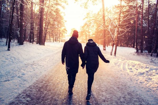Couple,Holding,Hands,Walking,Away.,Winter,Couple,Walk,,Sunny,Walk,